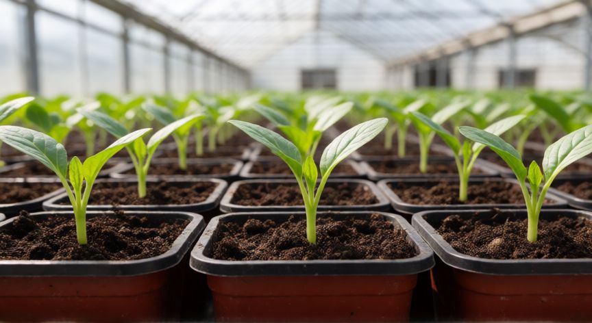 como sembrar huesos de nisperos, Jóvenes brotes de níspero germinando en macetas dentro de un invernadero