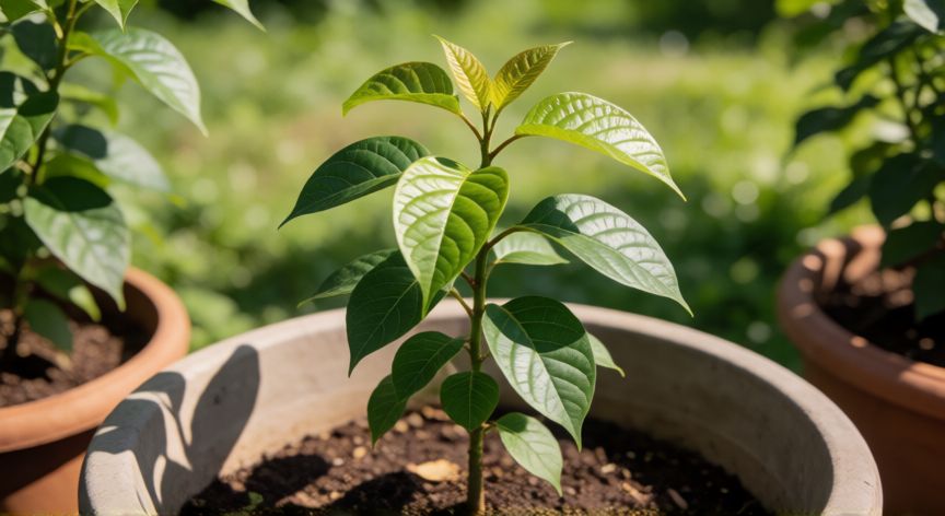 como sembrar icaco, Plántula joven de icacó creciendo en maceta bajo el sol