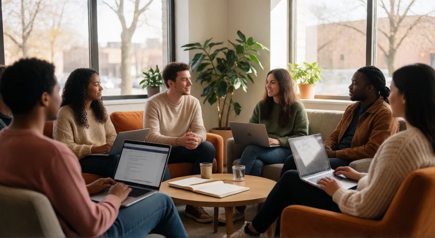 como sembrar iglesias en el siglo xxi, Grupo diverso en reunión comunitaria moderna y acogedora