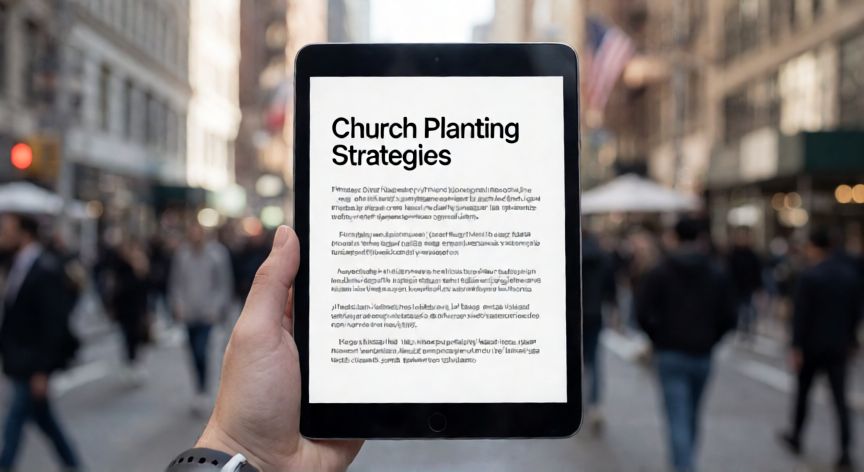 como sembrar iglesias en el siglo xxi pdf, Mano sosteniendo una tableta con una guía digital de plantación de iglesias en una ciudad