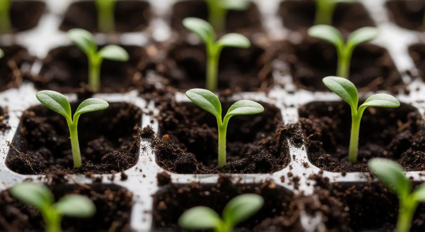 como sembrar ilama, Bandeja de germinación con brotes jóvenes de ilama en sustrato húmedo