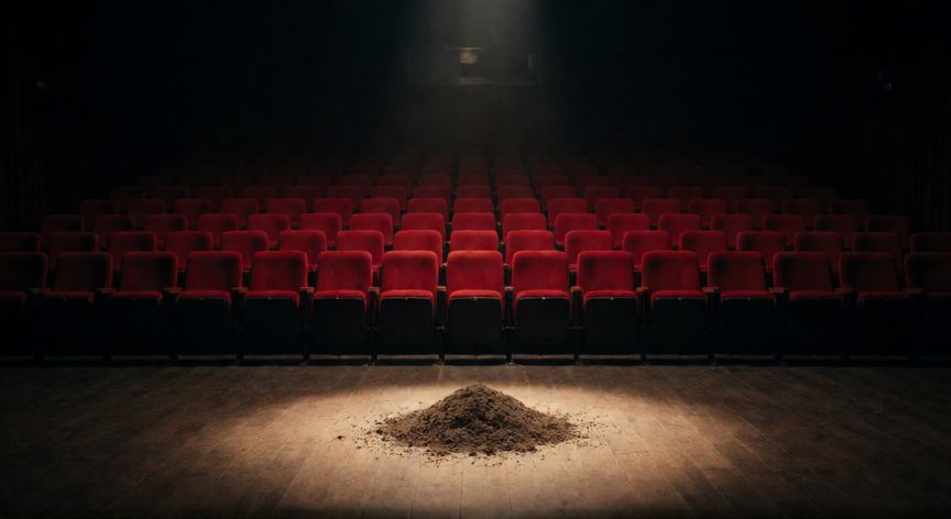 como sembrar ilusiones, Escenario de teatro vacio con tierra bajo un foco