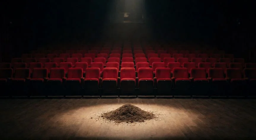 como sembrar ilusiones, Escenario de teatro vacio con tierra bajo un foco