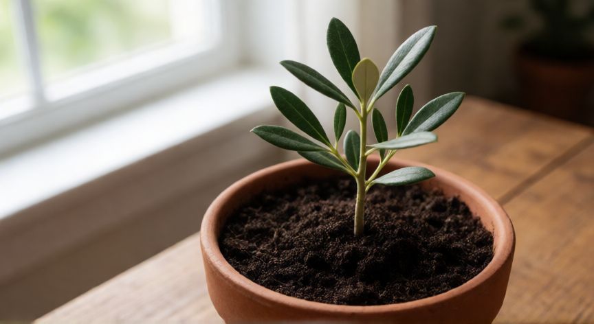 como sembrar incienso en casa, Sembrilla de olea fragrans en maceta con tierra rica y luz natural cerca de una ventana