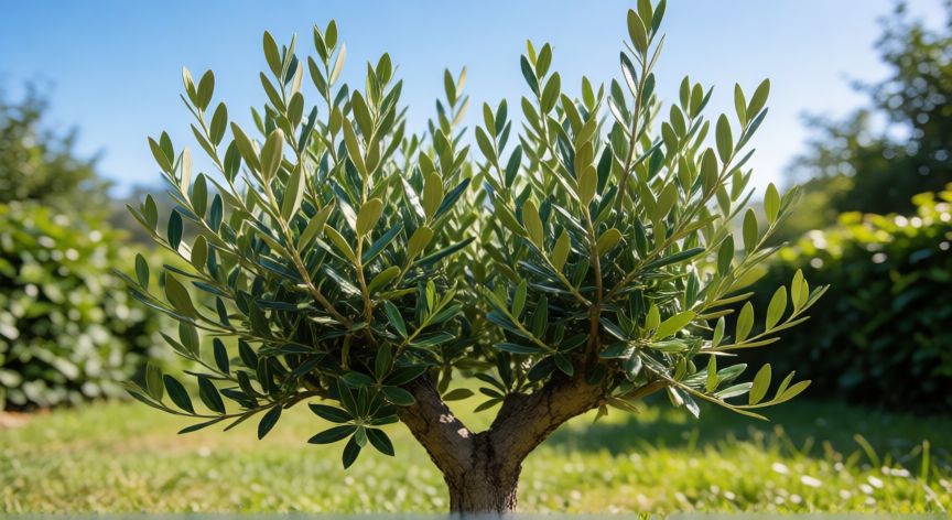 como sembrar incienso en casa, Joven árbol de olea fragrans en un jardín soleado con hojas verdes y cielo azul