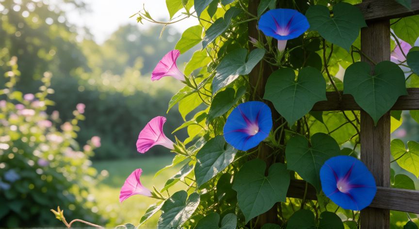 como sembrar ipomea, Ipomea trepando por una pérgola de madera