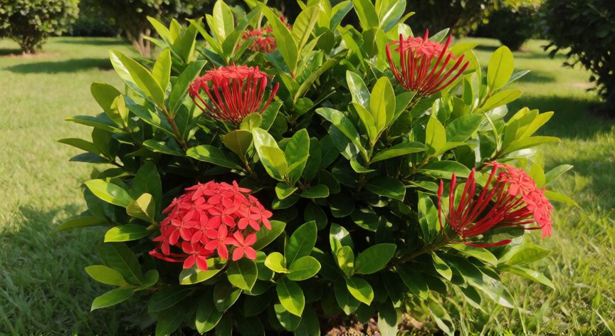 como sembrar ixora, Arbusto de ixora con flores rojas vibrantes en un jardín soleado