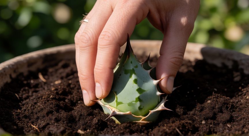 como sembrar izote, Manos plantando un rizoma de izote en tierra