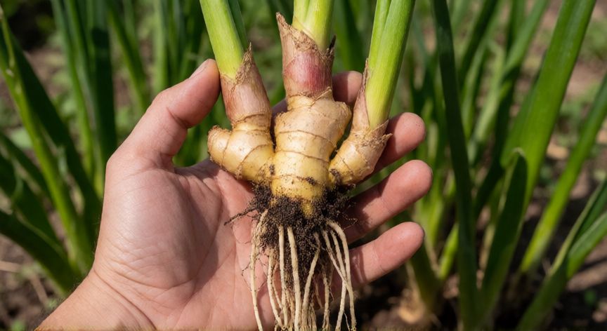 como sembrar jengibre en agua, Jengibre con raíces desarrolladas y brotes listos para ser trasplantados a tierra o sistema hidropónico