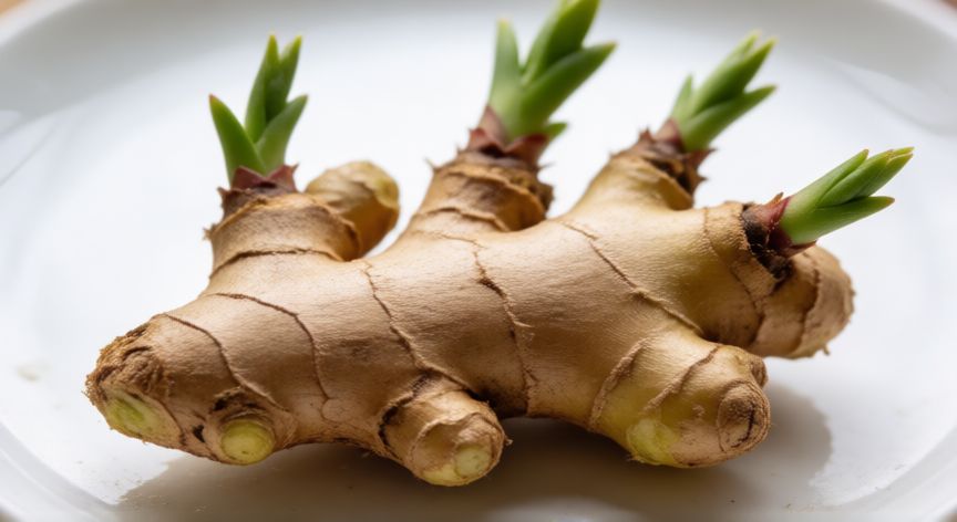como sembrar jengibre en casa, Rizoma de jengibre con brotes verdes emergentes listo para ser plantado