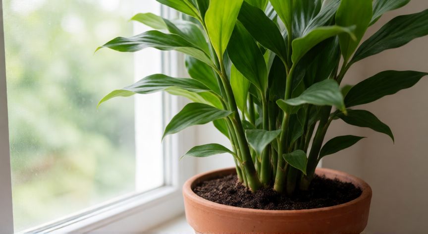 como sembrar jengibre en casa, Planta de jengibre cultivada en maceta cerca de una ventana con luz natural