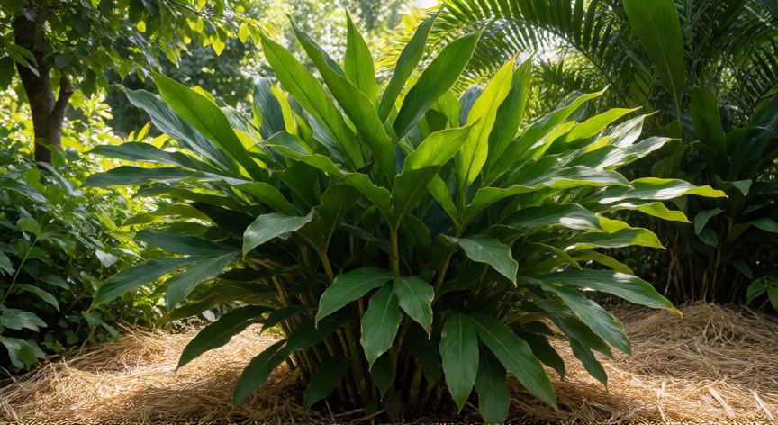 como sembrar jengibre en tierra, Planta de jengibre saludable con hojas verdes y mulching de paja en el huerto