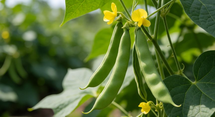 cómo sembrar judías, Vainas de judías verdes frescas creciendo en la planta con flores amarillas
