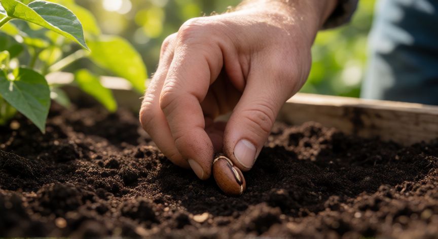 como sembrar judias de enrame, Mano de jardinero sembrando una semilla de judía en tierra fértil