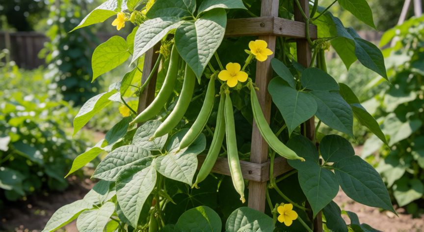 como sembrar judias de enrame, Planta de judías de enrame trepando por un tutor de madera con vainas verdes