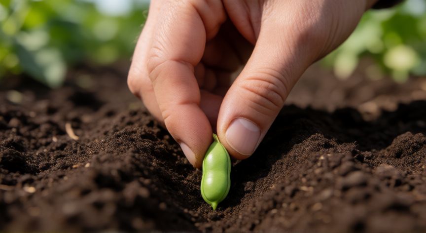 como sembrar judias verdes, Mano plantando semilla de judía verde en surco de tierra fértil