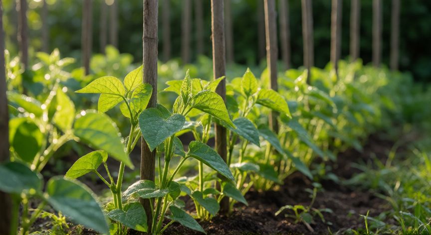 como sembrar judias verdes, Jóvenes plantas de judía verde con brotes y tutores de madera en el huerto