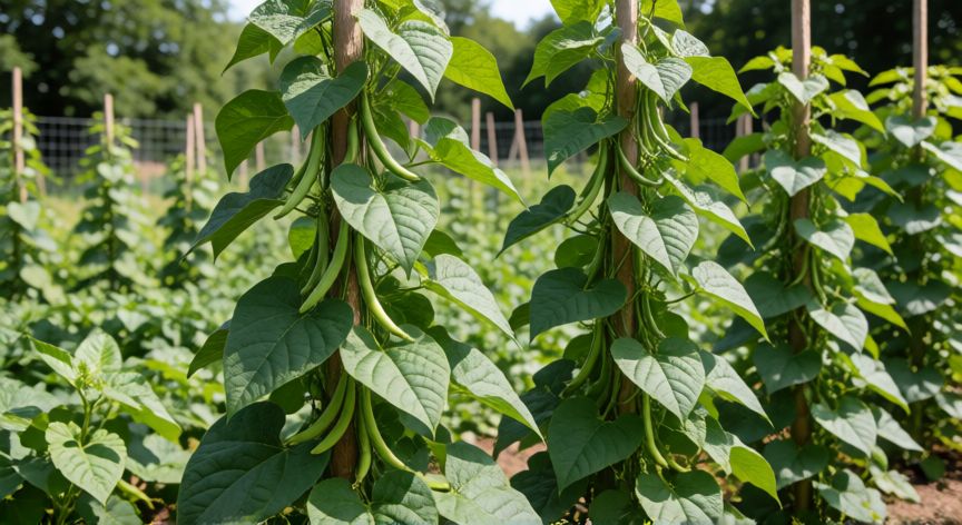 como sembrar judías verdes mata alta, Plantas de judías verdes trepando por tutoras de madera en un huerto soleado