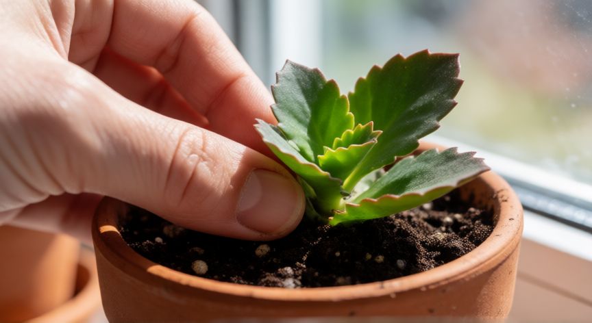 como sembrar kalanchoe, Mano plantando un esqueje de kalanchoe en maceta con tierra para cactus