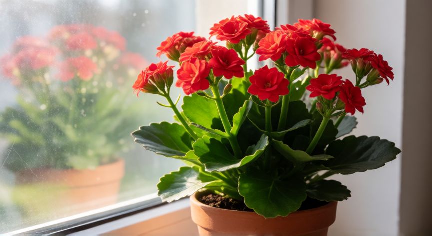 como sembrar kalanchoe, Planta de kalanchoe con flores rojas en una ventana soleada