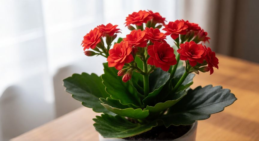 como sembrar kalanchoe en macetas, Planta de Kalanchoe en maceta con flores rojas cerca de una ventana