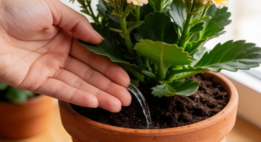 como sembrar kalanchoe en macetas, Regando una planta de Kalanchoe en maceta de terracota con un regadera pequeña