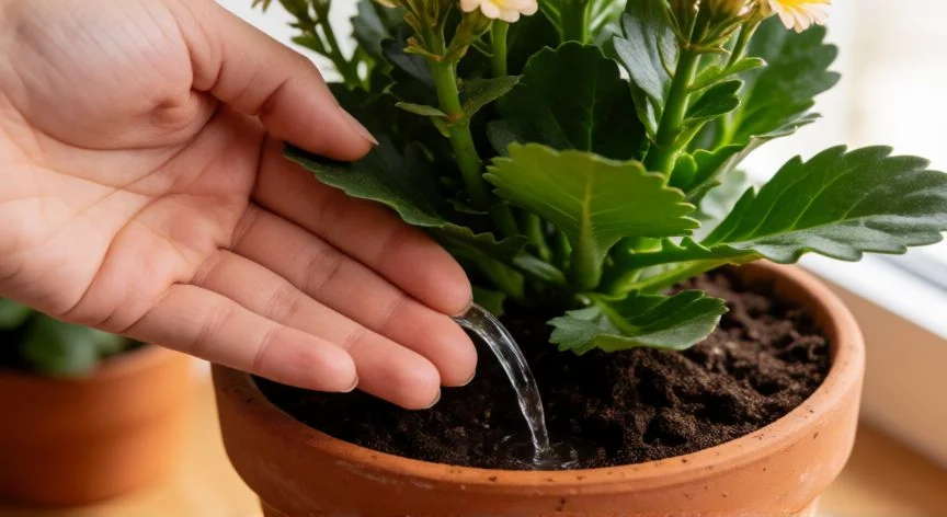 como sembrar kalanchoe en macetas, Regando una planta de Kalanchoe en maceta de terracota con un regadera pequeña