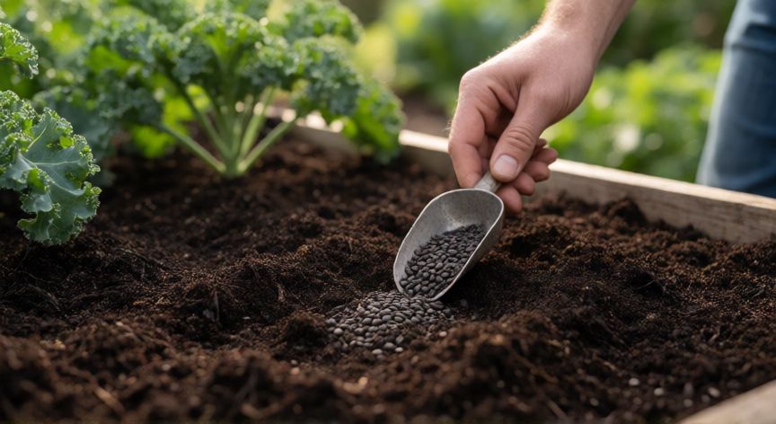 como sembrar kale, Detalle de la siembra de semillas de kale en suelo con compost