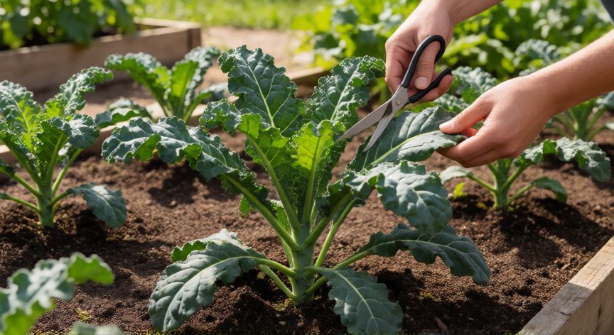 como sembrar kale, Cosecha de hojas de kale sanas en un huerto bien espaciado