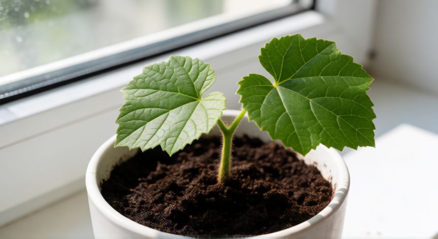 como sembrar kion en casa, Plántula de kion germinando en maceta pequeña con luz solar