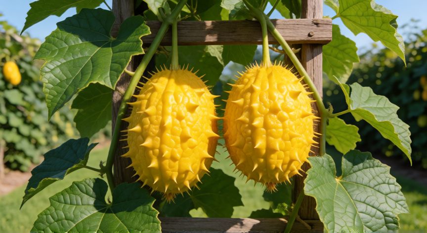 como sembrar kion en casa, Planta de kion madura con frutos amarillos espinosos en una trelistra