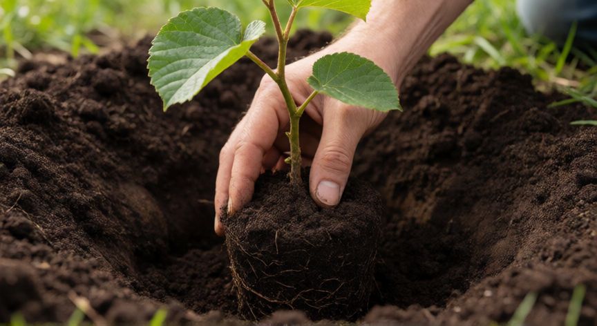 como sembrar kiwi, Manos plantando una planta de kiwi en el suelo preparado