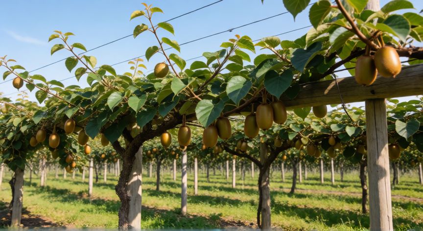 como sembrar kiwi, Liana de kiwi creciendo sobre un sistema de espaldera en un huerto