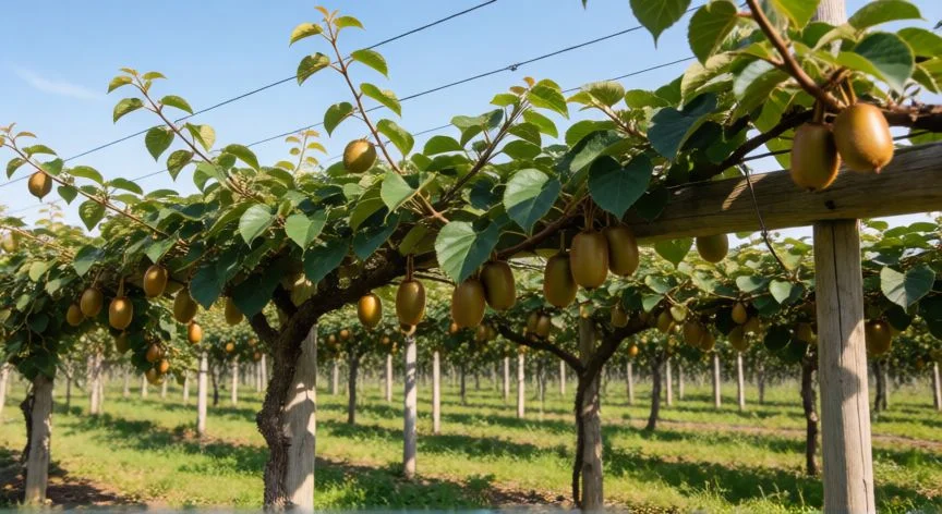 como sembrar kiwi, Liana de kiwi creciendo sobre un sistema de espaldera en un huerto