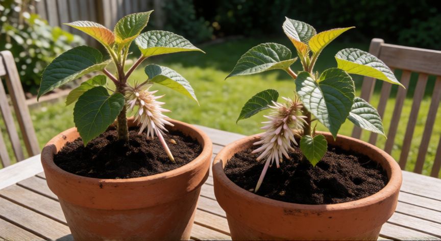como sembrar kiwi en casa, Plantas de kiwi macho y hembra en macetas listas para la polinización