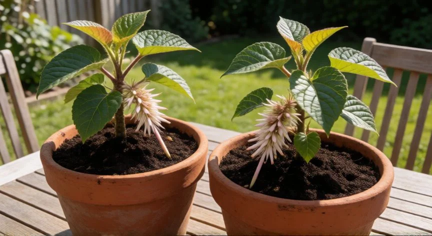 Plantas de kiwi macho y hembra en macetas listas para la polinización