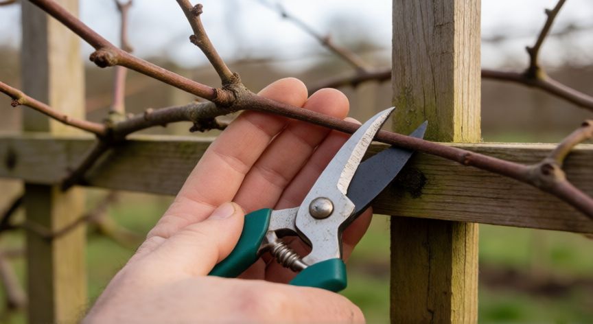 como sembrar kiwi en casa, Poda invernal de una hiedra de kiwi en una espaldera de madera
