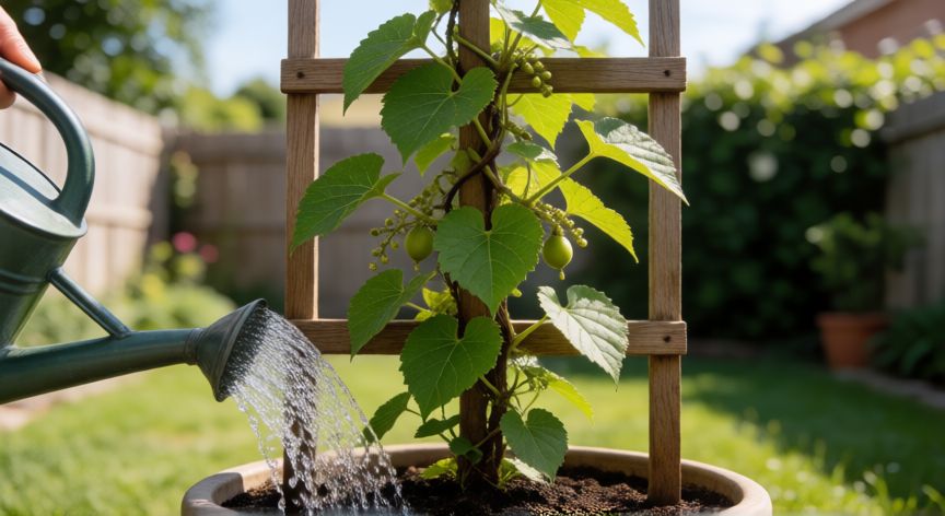 como sembrar kiwi en maceta, Planta de kiwi joven creciendo en un tutor con riego cuidadoso