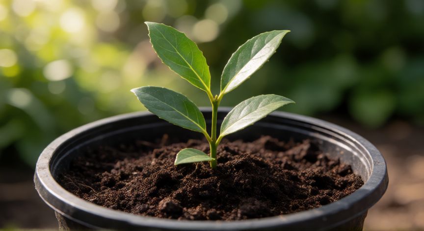 como sembrar laurel, Joven brote de laurel germinando en una maceta con tierra