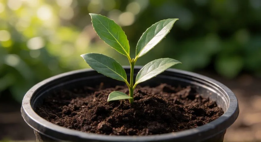 Joven brote de laurel germinando en una maceta con tierra