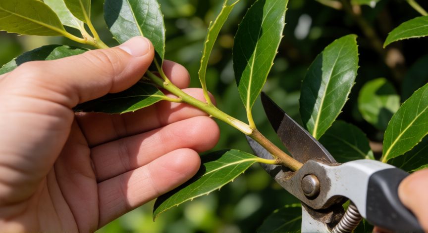como sembrar laurel, Manos realizando un corte de esqueje en una rama sana de laurel