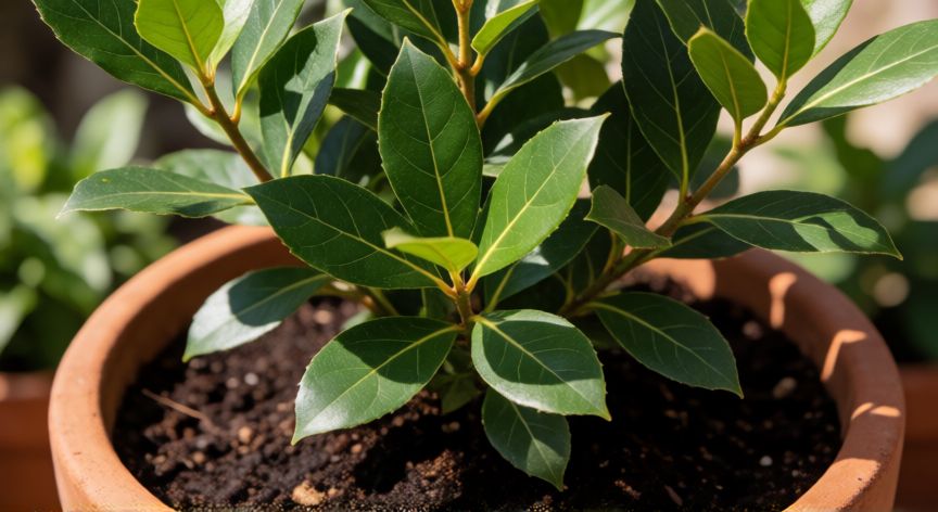 como sembrar laurel en maceta, Planta de laurel joven en maceta de terracota con hojas verdes brillantes y suelo oscuro