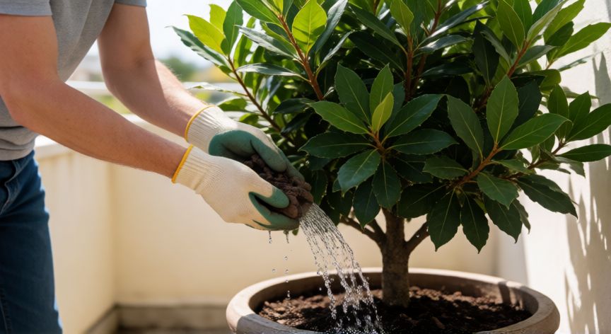 como sembrar laurel en maceta, Persona regando una planta de laurel en maceta en un balcon soleado con guantes de jardin