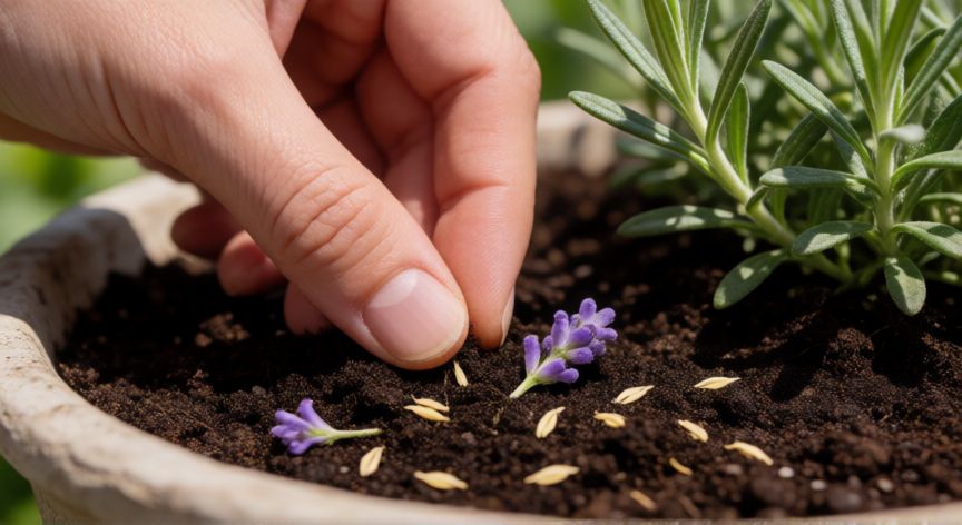 como sembrar lavanda, Mano sembrando semillas de lavanda en una maceta con sustrato drenante