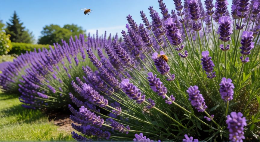 como sembrar lavanda, Jardín soleado con setos de lavanda en flor y abejas polinizando