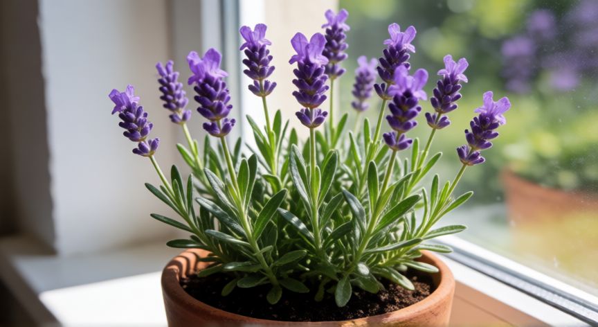 como sembrar lavanda en casa, Planta de lavanda en maceta junto a una ventana con luz natural