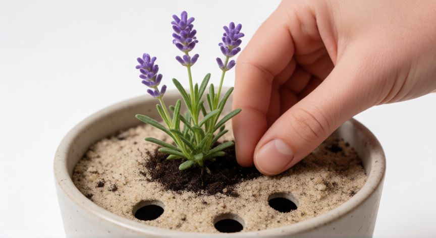 como sembrar lavanda en casa, Manos plantando una muda de lavanda en sustrato arenoso con buen drenaje