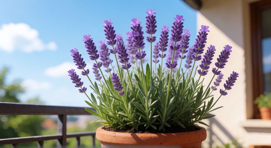 como sembrar lavanda en maceta, Planta de lavanda en maceta de terracota bajo el sol