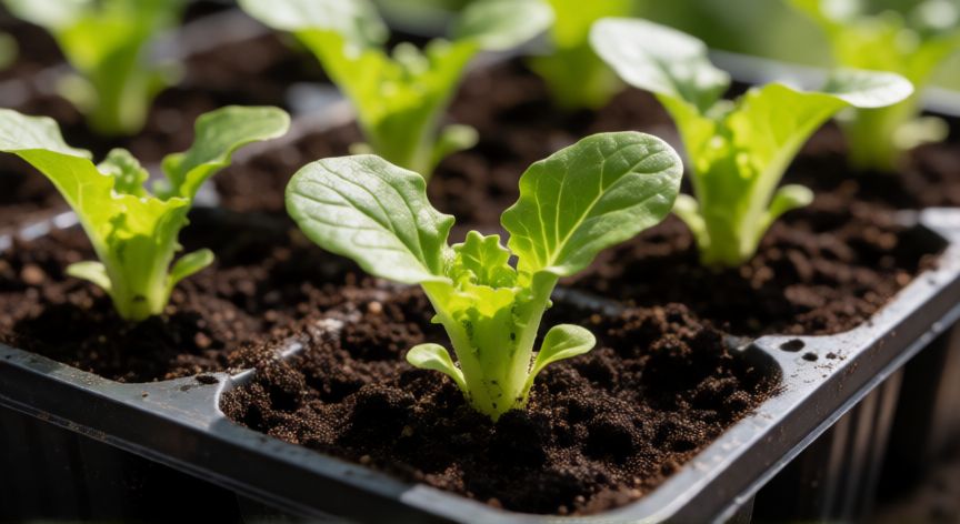 como sembrar lechuga con semilla, Plántulas de lechuga germinando en bandeja de semillas con sustrato húmedo