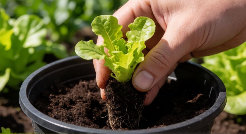 como sembrar lechuga con semilla, Manos realizando el trasplante de una plántula de lechuga a una maceta con tierra